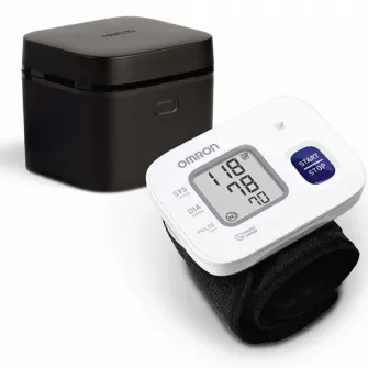 Tensiometru electronic de incheietura complet automat Omron RS2, validat clinic, Tehnologie Intellisense, Indicator pentru puls neregulat, Afisaj LCD, Carcasa de protectie, Alb