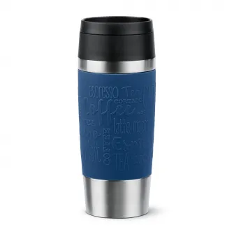 Termos calatorie Tefal Travel Mug Classic, inox, fara BPA, 100% etans, functie Quick Press, 0.36 L, argintiu/albastru inchis