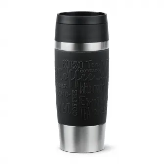 Termos calatorie Tefal Travel Mug Classic, inox, fara BPA, 100% etans, functie Quick Press, 0.36 L, argintiu/negru