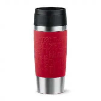 Termos calatorie Tefal Travel Mug Classic, inox, fara BPA, 100% etans, functie Quick Press, 0.36 L, argintiu/rosu