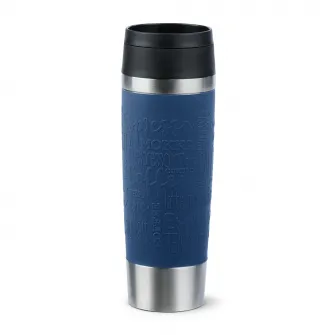 Termos calatorie Tefal Travel Mug Classic, inox, fara BPA, 100% etans, functie Quick Press, 0.5 L, argintiu/albastru