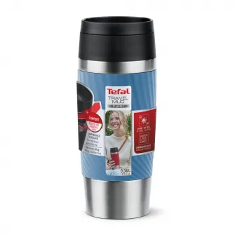 Termos calatorie Tefal Travel Mug Classic, inox, fara BPA, 100% etans, functie Quick Press, 0.36 L, argintiu/albastru