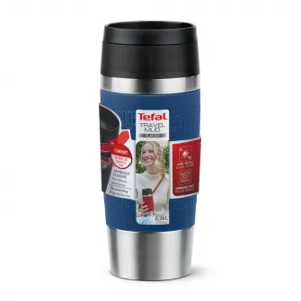 Termos calatorie Tefal Travel Mug Classic, inox, fara BPA, 100% etans, functie Quick Press, 0.36 L, argintiu/albastru inchis