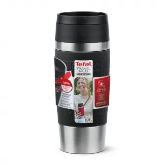 Termos calatorie Tefal Travel Mug Classic, inox, fara BPA, 100% etans, functie Quick Press, 0.36 L, argintiu/negru