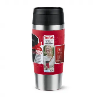 Termos calatorie Tefal Travel Mug Classic, inox, fara BPA, 100% etans, functie Quick Press, 0.36 L, argintiu/rosu