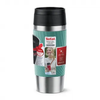 Termos calatorie Tefal Travel Mug Classic, inox, fara BPA, 100% etans, functie Quick Press, 0.36 L, argintiu/verde