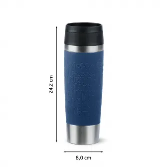 Termos calatorie Tefal Travel Mug Classic, inox, fara BPA, 100% etans, functie Quick Press, 0.5 L, argintiu/albastru