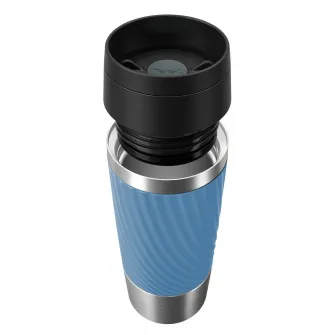 Termos calatorie Tefal Travel Mug Classic, inox, fara BPA, 100% etans, functie Quick Press, 0.36 L, argintiu/albastru