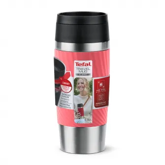 Termos calatorie Tefal Travel Mug Classic, inox, fara BPA, 100% etans, functie Quick Press, 0.36 L, argintiu/roz