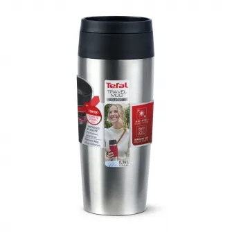 Termos calatorie Tefal Travel Mug Classic, inox, fara BPA, 100% etans, functie Quick Press, 0.36 L, argintiu