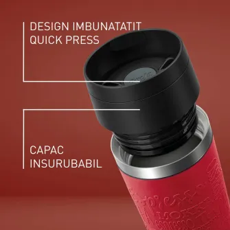 Termos calatorie Tefal Travel Mug Classic, inox, fara BPA, 100% etans, functie Quick Press, 0.36 L, argintiu/rosu