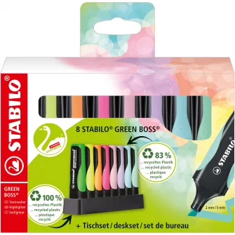 Textmarker Stabilo Boss Green, 8 culori / set, suport birou, 4 fluorescente + 4 pastel, etui carton
