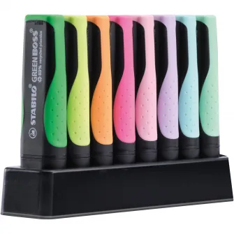 Textmarker Stabilo Boss Green, 8 culori / set, suport birou, 4 fluorescente + 4 pastel, etui carton