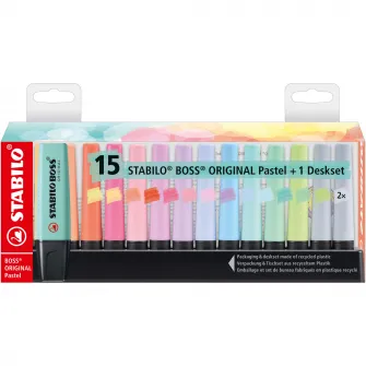 Textmarker Stabilo Boss Original Pastel, 15 culori / set, suport de birou