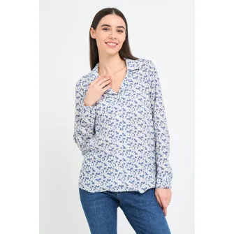 TIMEOUT, Camasa cu model floral si decolteu in V, Alb, Albastru inchis, XS