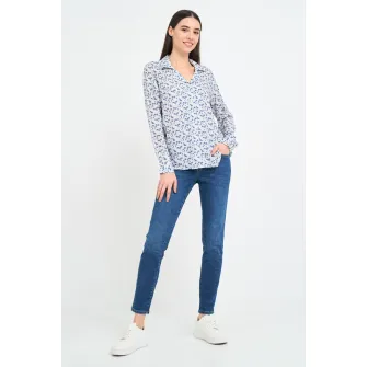 TIMEOUT, Camasa cu model floral si decolteu in V, Alb, Albastru inchis, XS