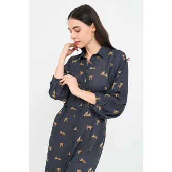 TIMEOUT, Rochie-camasa midi cu model si maneci 3/4, Albastru ultramarin, Portocaliu pal, M