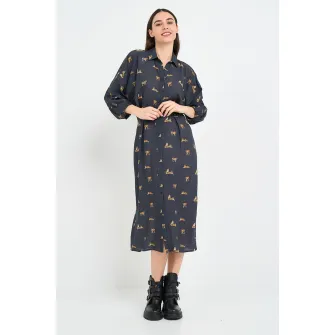 TIMEOUT, Rochie-camasa midi cu model si maneci 3/4, Albastru ultramarin, Portocaliu pal, M