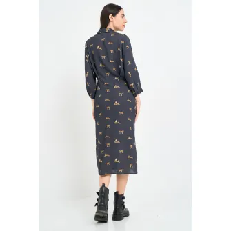TIMEOUT, Rochie-camasa midi cu model si maneci 3/4, Albastru ultramarin, Portocaliu pal, M