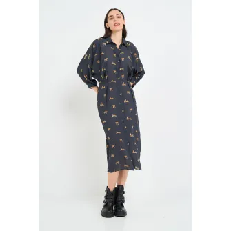TIMEOUT, Rochie-camasa midi cu model si maneci 3/4, Albastru ultramarin, Portocaliu pal, M