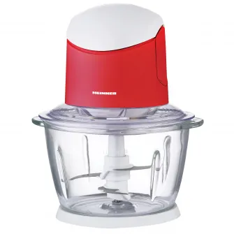 Tocator de legume Heinner, bol sticla 1L, 2 cutite din inox, angrenaj metalic, baza anti-alunecare, sistem de siguranta, putere: 500W, culoare alb/rosu