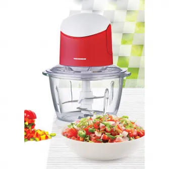 Tocator de legume Heinner, bol sticla 1L, 2 cutite din inox, angrenaj metalic, baza anti-alunecare, sistem de siguranta, putere: 500W, culoare alb/rosu