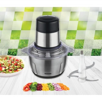 Tocator de legume Heinner Cytheria 300 HMC-D300SS, 300W, capacitate 2L, 2 cutite din inox, 2 viteze, bol din inox, Argintiu