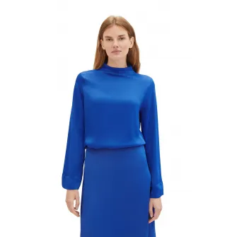 Tom Tailor, Bluza de satin cu decolteu drapat, Albastru royal, 38