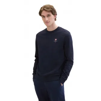 Tom Tailor, Bluza de trening cu decolteu la baza gatului si detalii brodate, Bleumarin, S
