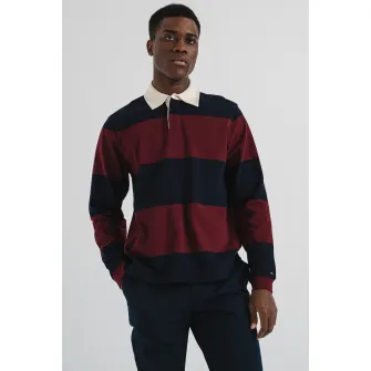 Tommy Hilfiger, Bluza de bumbac cu model in dungi, Visiniu, Albastru ultramarin, S