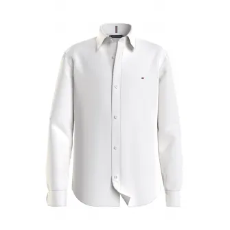 Tommy Hilfiger, Camasa din amestec de bumbac organic cu logo brodat pe piept, Alb optic, 140 CM