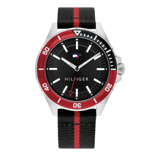 Tommy Hilfiger, Ceas quartz de otel inoxidabil, Argintiu, Negru, Rosu