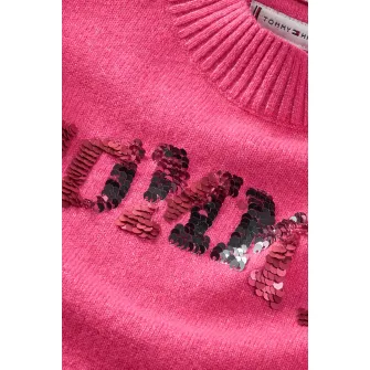 Tommy Hilfiger, Pulover cu logo de paiete, Roz aprins, 170 CM