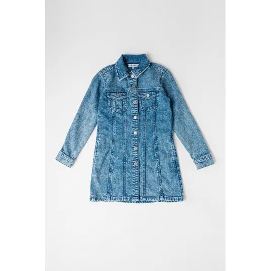 Tommy Hilfiger, Rochie de denim cu buzunar pe piept, Albastru deschis, 164 CM