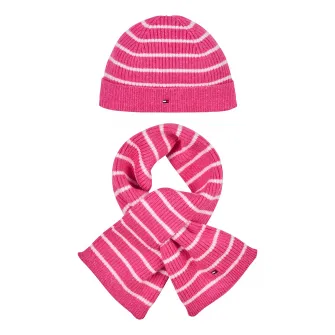 Tommy Hilfiger, Set de fular si caciula cu model in dungi, Fucsia, Alb optic, 74 CM