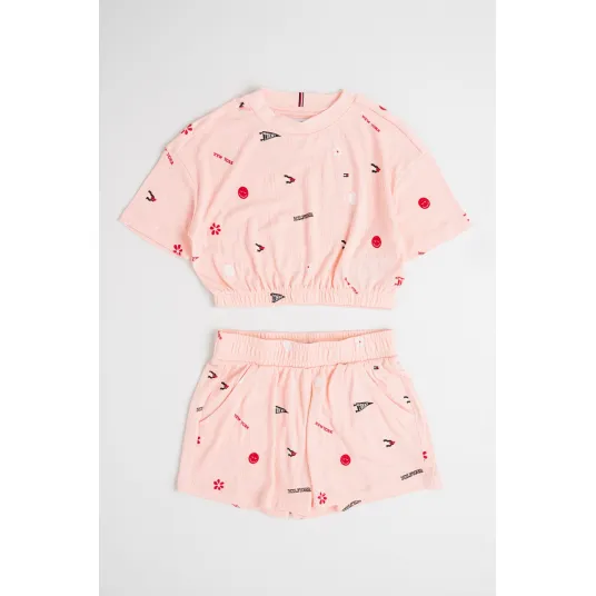 Tommy Hilfiger, Set de tricou cu imprimeu si pantaloni scurti - 2 piese, Rosu, Negru, Roz pastel, 164 CM