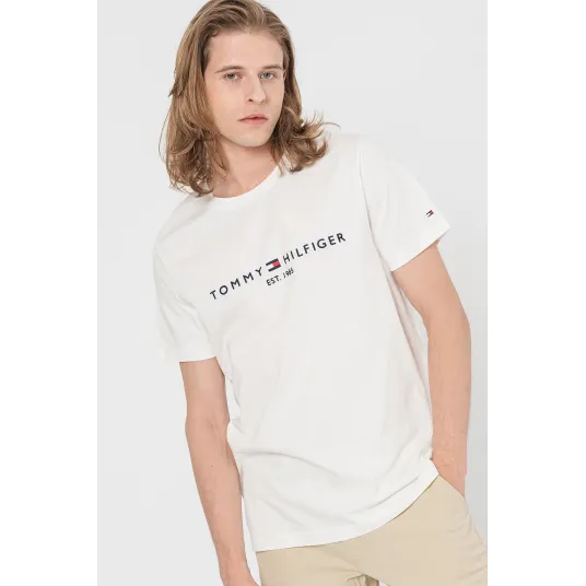 Tommy Hilfiger, Tricou de bumbac organic cu logo brodat, Alb murdar, 2XL
