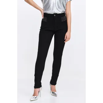 Top Secret, Blugi slim fit cu talie inalta si strasuri, Negru, 34