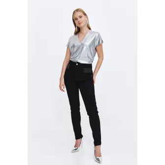 Top Secret, Blugi slim fit cu talie inalta si strasuri, Negru, 34