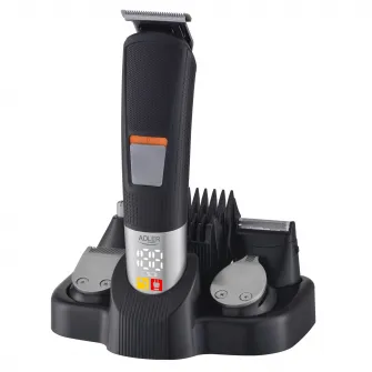 Trimmer pentru nas/urechi/par/barba/mustata, 5in1, Adler, AD2943, 4 bucati de capace, 90 min, Afisaj LCD, Argintiu/Negru