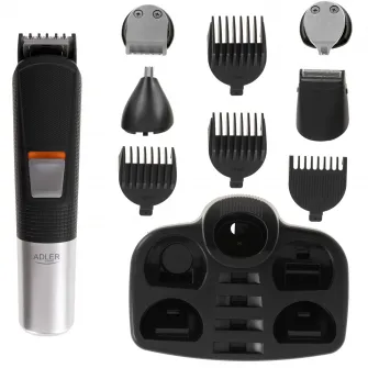 Trimmer pentru nas/urechi/par/barba/mustata, 5in1, Adler, AD2943, 4 bucati de capace, 90 min, Afisaj LCD, Argintiu/Negru
