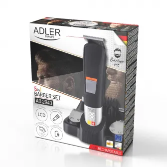 Trimmer pentru nas/urechi/par/barba/mustata, 5in1, Adler, AD2943, 4 bucati de capace, 90 min, Afisaj LCD, Argintiu/Negru