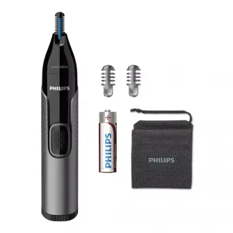Trimmer pentru nas/urechi Philips NT3650/16, baterie, lavabil, tehnologie Precision Trim, otel inoxidabil, pieptene pentru sprancene, pieptene 5 mm, Gri