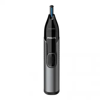 Trimmer pentru nas/urechi Philips NT3650/16, baterie, lavabil, tehnologie Precision Trim, otel inoxidabil, pieptene pentru sprancene, pieptene 5 mm, Gri