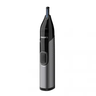 Trimmer pentru nas/urechi Philips NT3650/16, baterie, lavabil, tehnologie Precision Trim, otel inoxidabil, pieptene pentru sprancene, pieptene 5 mm, Gri