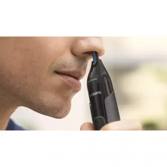 Trimmer pentru nas/urechi Philips NT3650/16, baterie, lavabil, tehnologie Precision Trim, otel inoxidabil, pieptene pentru sprancene, pieptene 5 mm, Gri