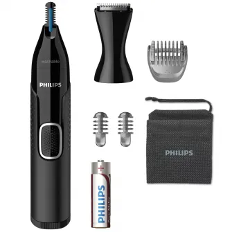 Philips NT5650/16 Триммер для носа/ушей, аккумулятор, моющийся, для влажного и сухого использования, технология Precision Trim, нержавеющая сталь, гребень для бровей, 2 гребня 3–5 мм, черный
