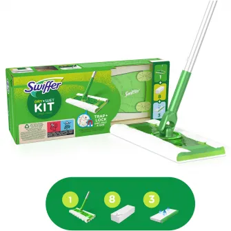 Trusa de baza cu Mop Uscat/Umed Swiffer Trap  Lock 1 Mop, 8 Rezerve lavete uscate + 3 Rezerve lavete umede