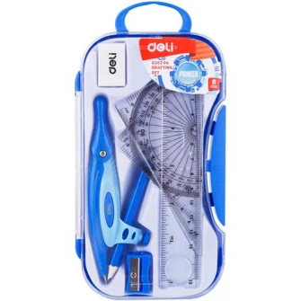 Trusa geometrie Deli, 7 piese/cutie plastic, albastru