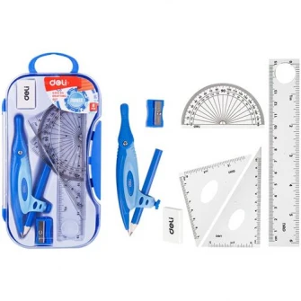 Trusa geometrie Deli, 7 piese/cutie plastic, albastru